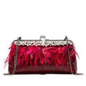 Patricia Nash Anzio Leather Frame Bag with Faux Feathers Berry Red